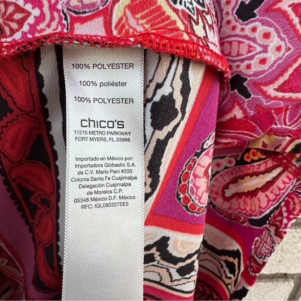 Chico’s Red Patchwork Paisley Peasant Blouse Split Neck Boho Scarf Print Top XL - Picture 7 of 14